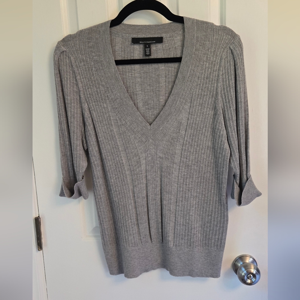 White House Black Market Gray V-Neck Ribbed Sweater